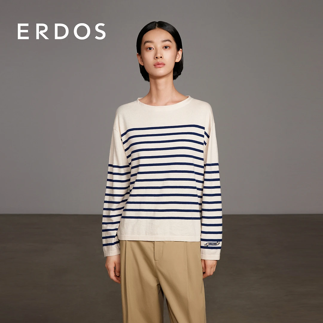 【精纺】ERDOS 一字领条纹针织衫复古落肩袖宽松套衫
