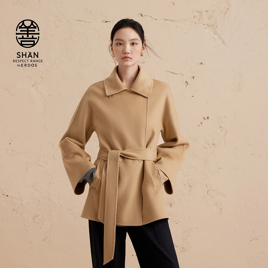 ERDOS善系列 初绒纯羊绒毛呢大衣廓形剪裁系带外套