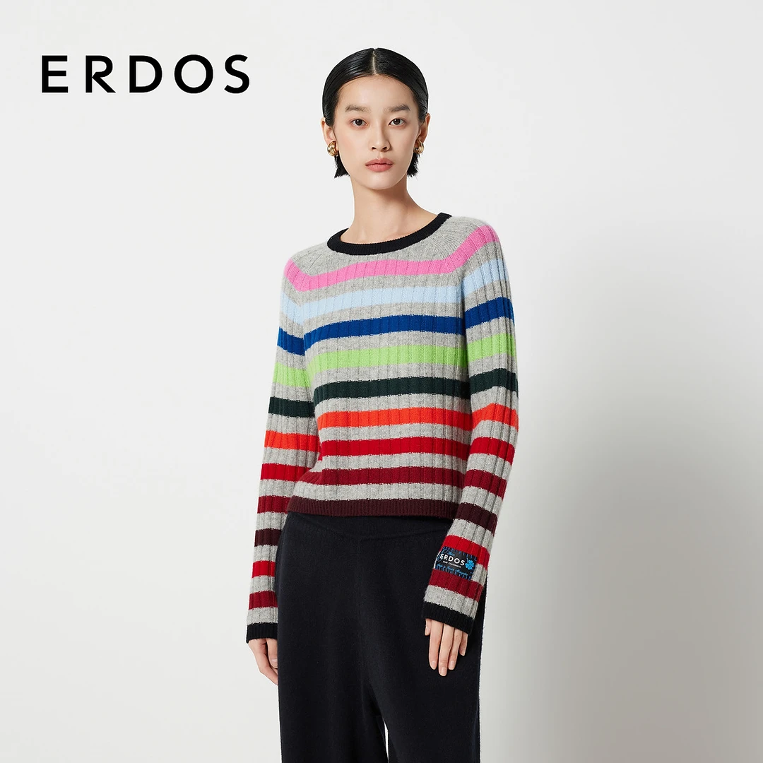 【纯羊绒】ERDOS 圆领抽条多巴胺彩虹条纹针织衫秋款冬新品女