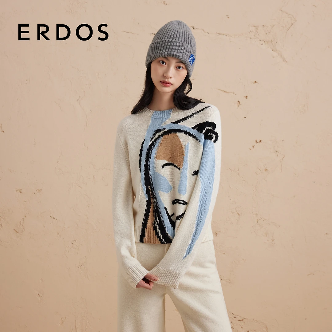 【趣味提花】ERDOS 圆领羊毛羊绒针织衫女冬款新品宽松厚款毛衣