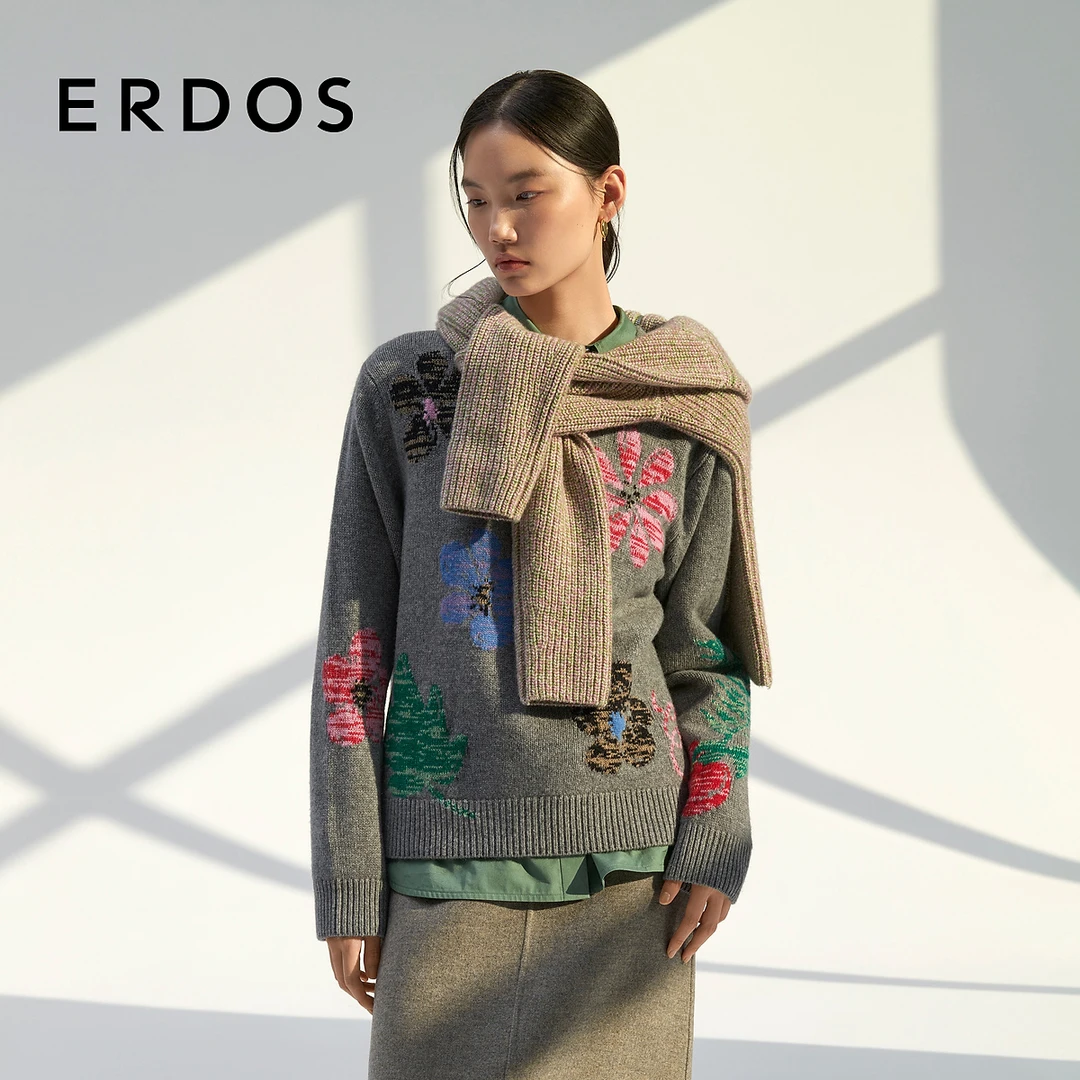 小花花纯羊绒衫 ERDOS圆领花朵提花针织衫宽松厚款毛衣