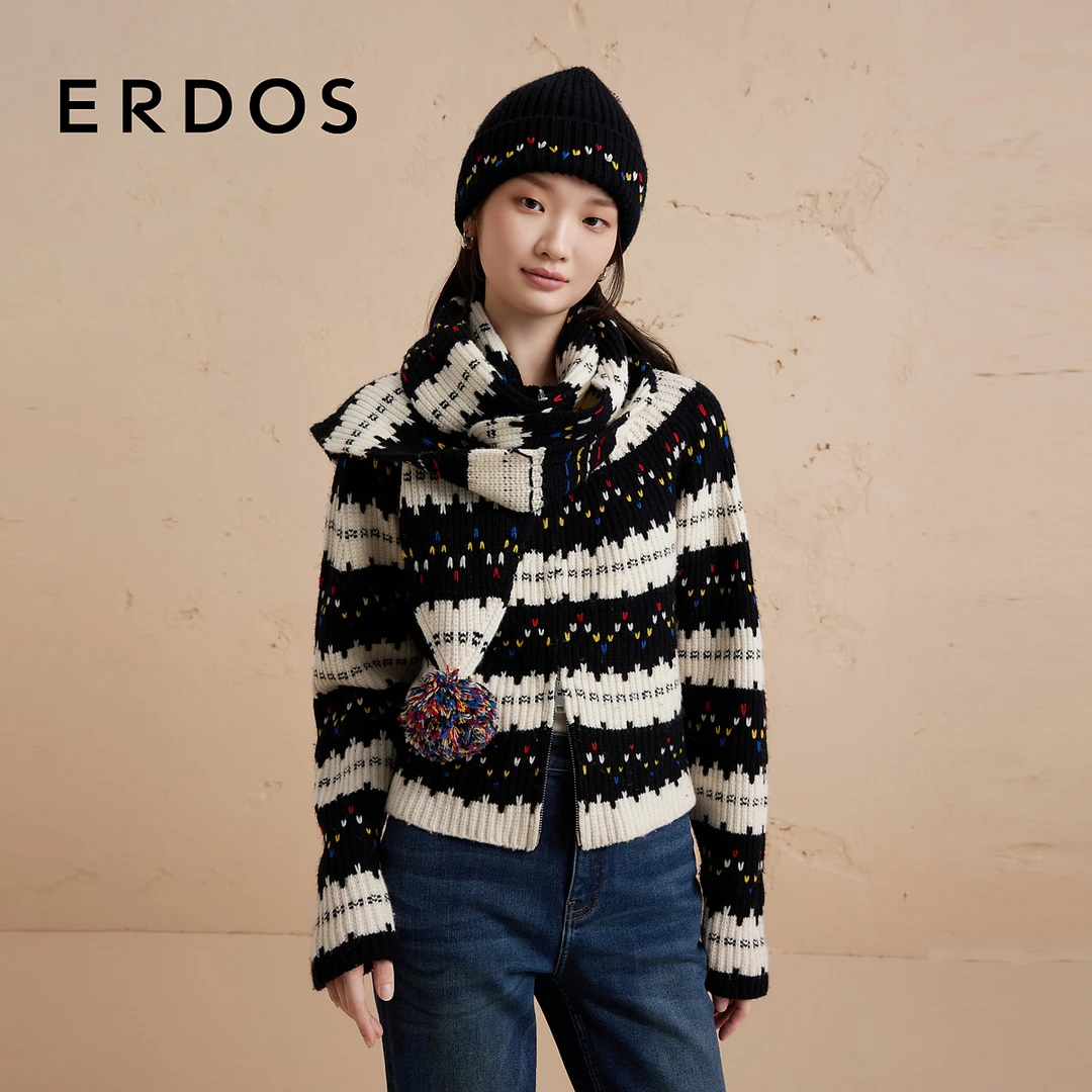 【彩色波点纯羊绒围巾】ERDOS 虚提黑白条纹针织围脖