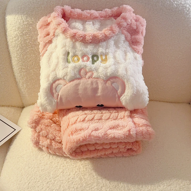 儿童加厚珊瑚绒保暖圆领睡衣女童冬季中大童卡通可爱露比亲子装