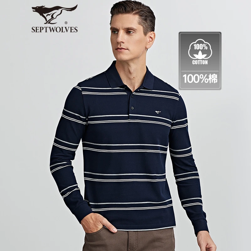 七匹狼【狼族生活】男长袖t恤春秋中年打底polo衫条纹男装翻领舒适