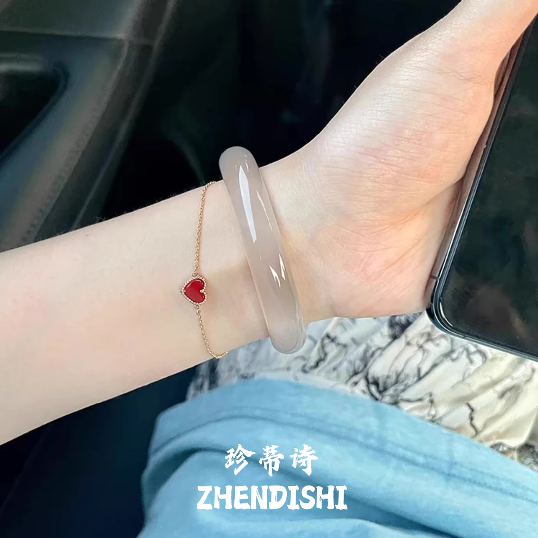珍蒂诗 天然玛瑙手镯高冰玉髓手镯荔枝冻白月光玉镯子女款送礼物