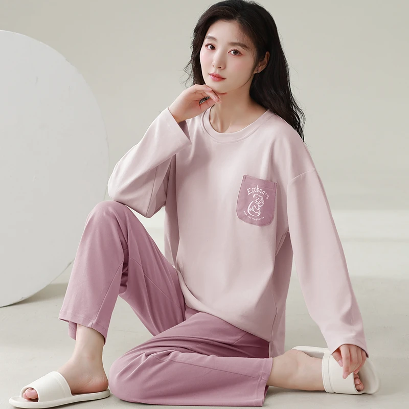 【带胸垫】睡衣女士春秋季纯棉长袖裤可爱大码亲肤全棉家居服两件套