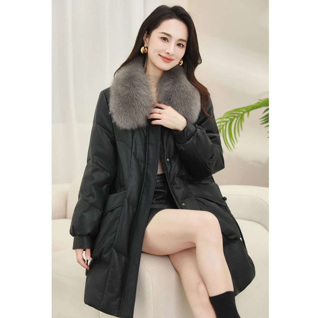 【楠楠】新款海宁皮羽绒新款狐狸毛领中长款休闲宽松皮鹅绒服女8015