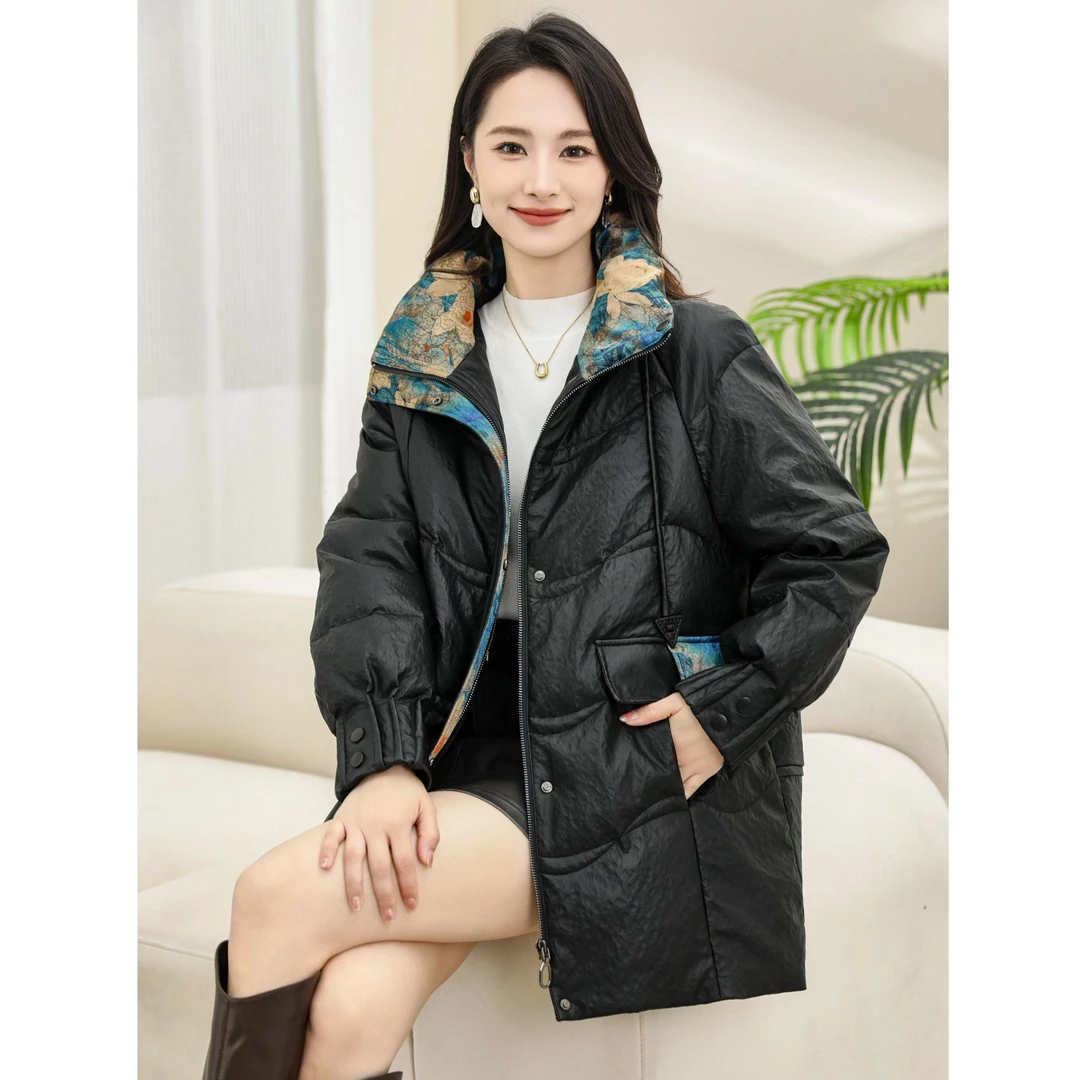 海宁诗恩娜新款撞色皮鹅绒服中长款女SNA-247923