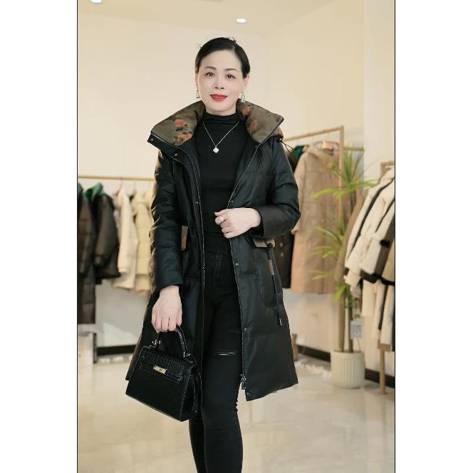 【楠楠】新款国风连帽休闲百搭中长款皮鹅绒服女7521