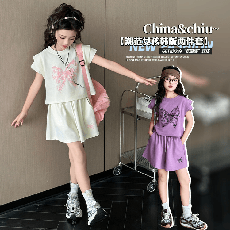 女童夏季潮范韩版印花套装2024新款中大童女孩运动网红短袖短裤潮