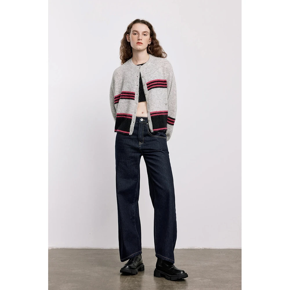 Fabrique秋季新款翻边牛仔裤时尚休闲藏蓝色弧形脚口直筒牛仔裤女