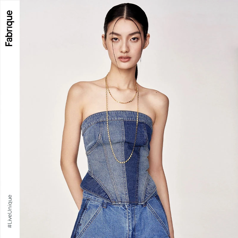 Fabrique大师牛仔拼色牛仔抹胸性感收腰吊带辣妹露肩短款丹宁风