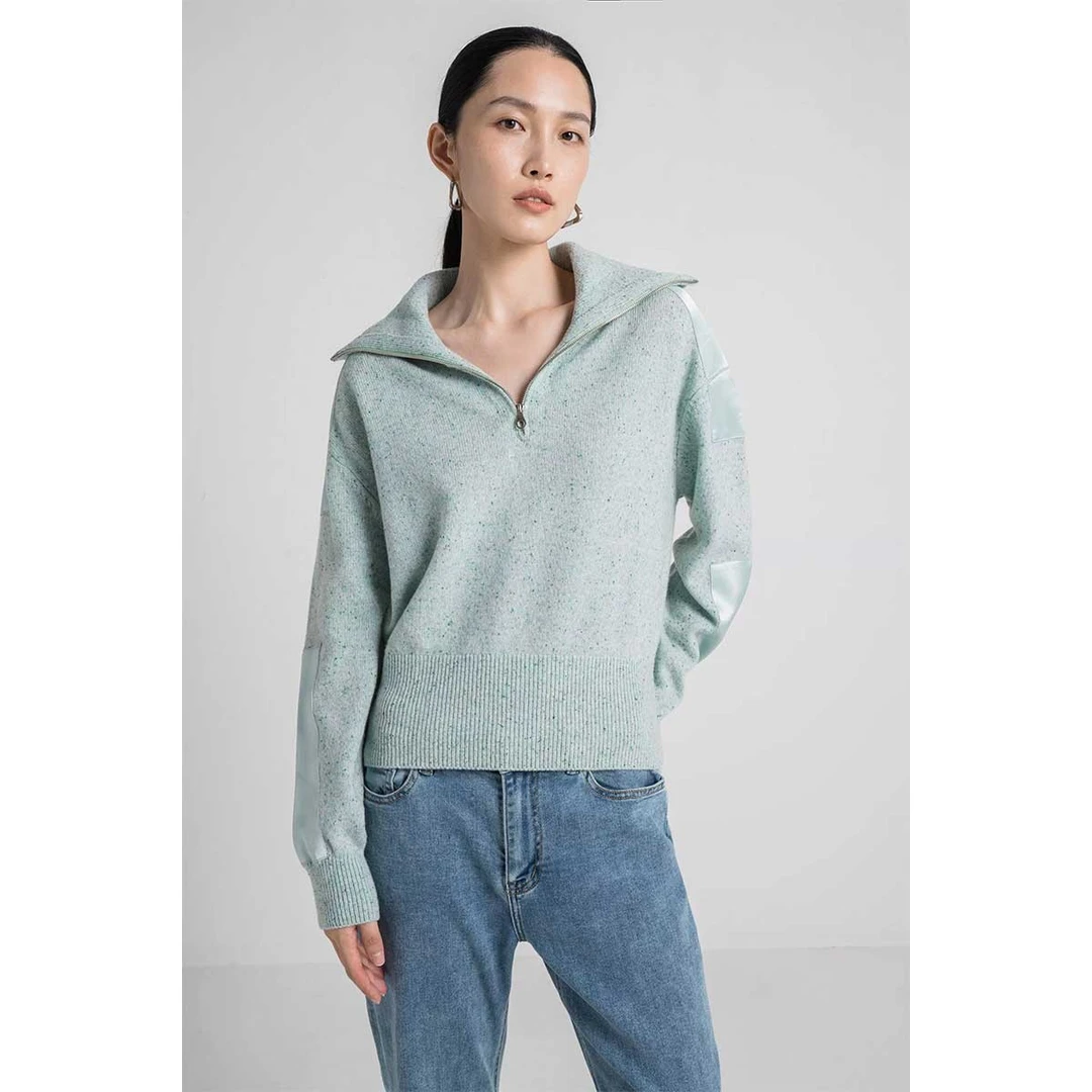 Fabrique蓝色运动风翻领半拉链针织衫女新品休闲针织衫女高能感