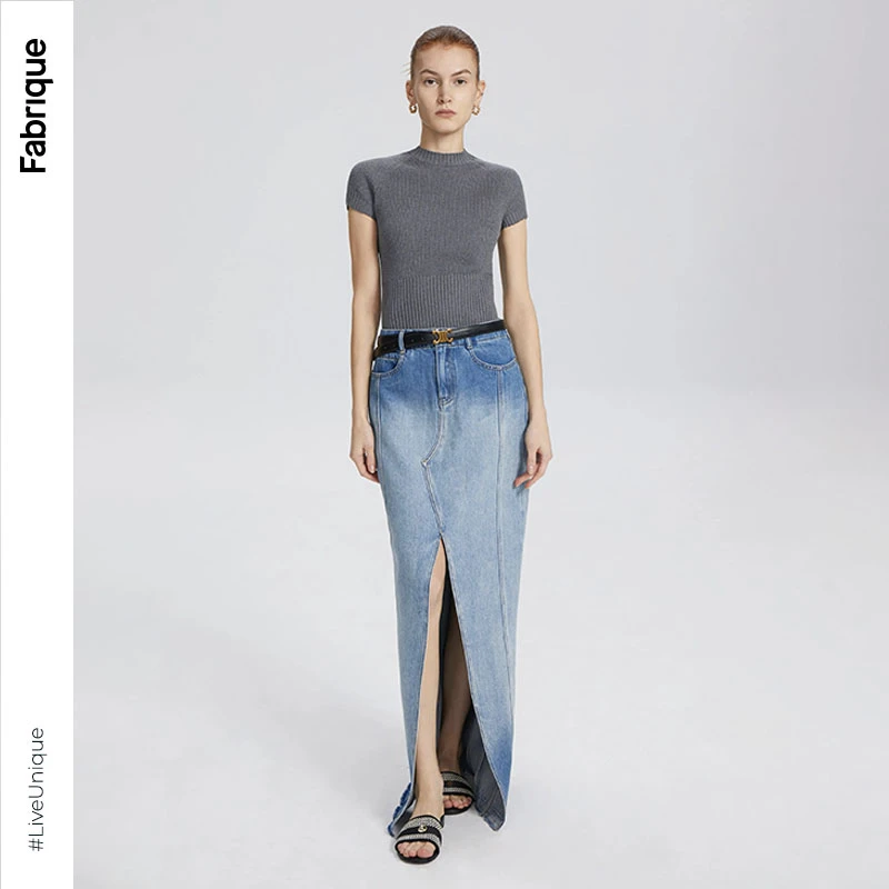 Fabrique紧身半高领短袖针织上衣春季新款灰色百搭长袖针织衫短款