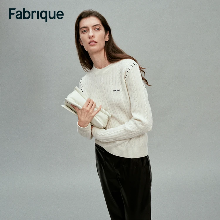 Fabrique松绒系秋冬新款锡器灰美式复古休闲绵羊毛绞花刺绣针织衫