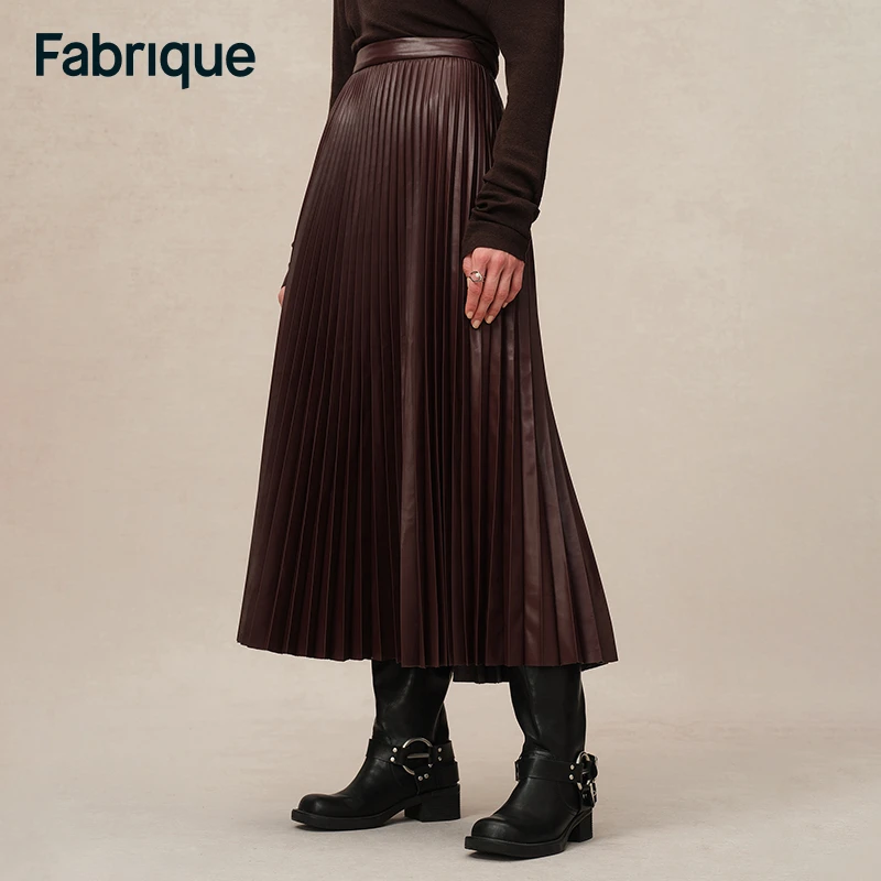 Fabrique Mari 秋冬新款设计感勃艮第红棕环保皮百褶优雅高腰半裙