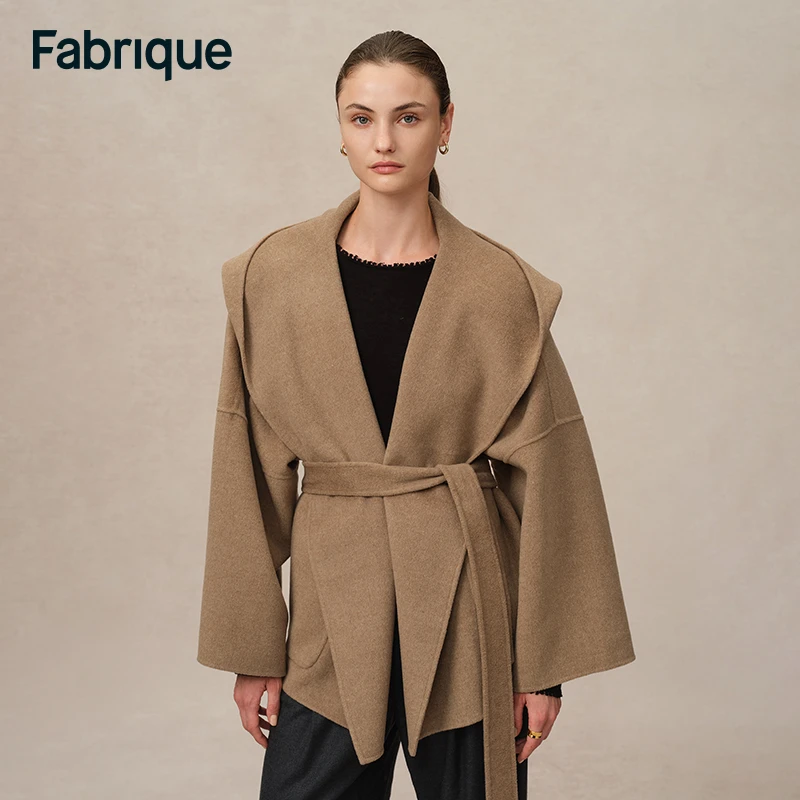 Fabrique Lanza秋冬暖驼色绵羊毛羊绒双面呢连帽腰带短款大衣外套