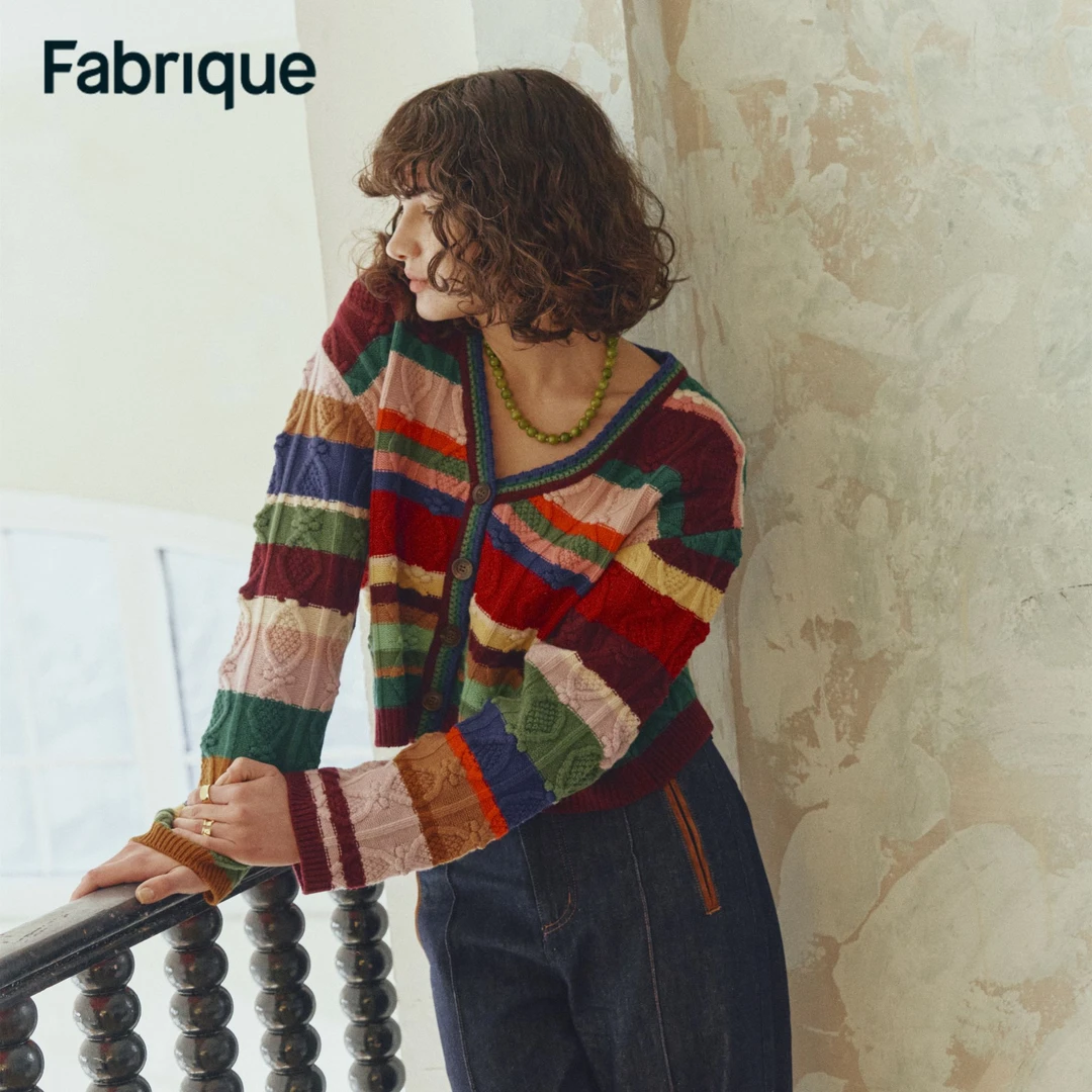 Fabrique Lila 秋冬复古16色彩虹条纹美利奴绵羊毛短款针织开衫