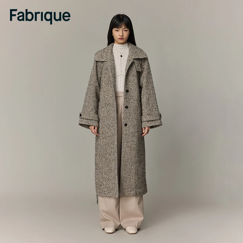 Fabrique Margot 花椒棕混色人字纹绵羊毛插肩袖单排扣长款大衣