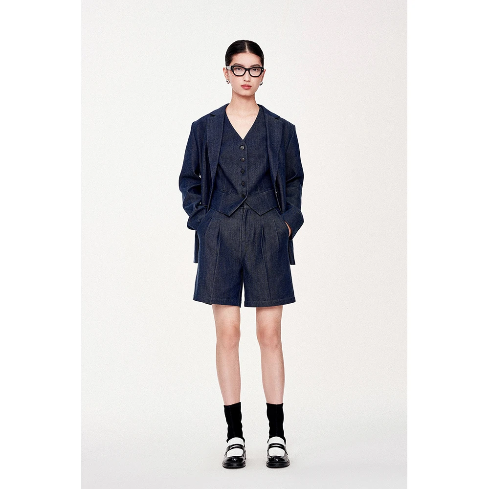 【李雪琴同款】Fabrique时尚深蓝色天丝牛仔西装外套轻奢西服秋季女
