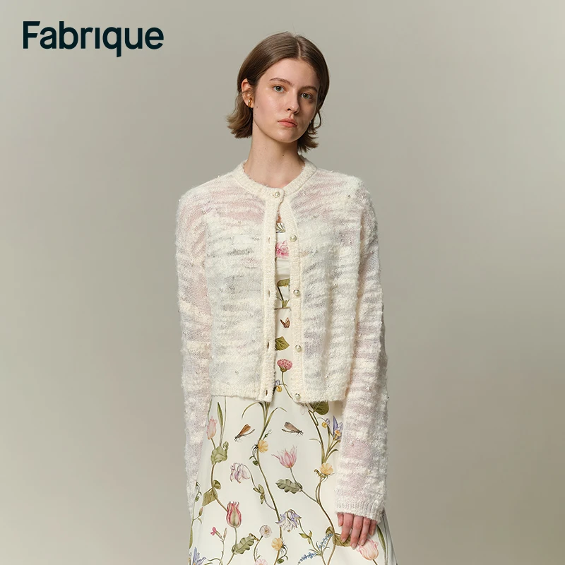 Fabrique雅丹风秋冬新款奶油白手缝珍珠薄透羊驼毛圈圈纱针织开衫