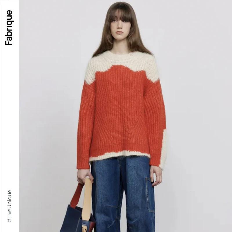 Fabrique博主同款新年系列锦鲤拼色套头针织衫条纹衫撞色针织上衣