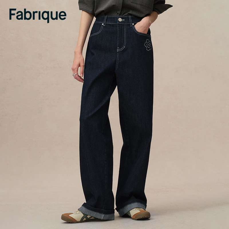 Fabrique Somi 秋冬新款原色土耳其牛仔明线刺绣折边高腰直筒裤