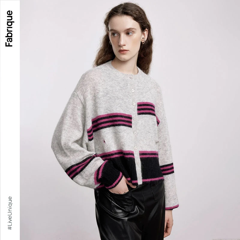 Fabrique秋季新款时尚羊驼毛可束腰条纹针织开衫针织上衣外搭开衫