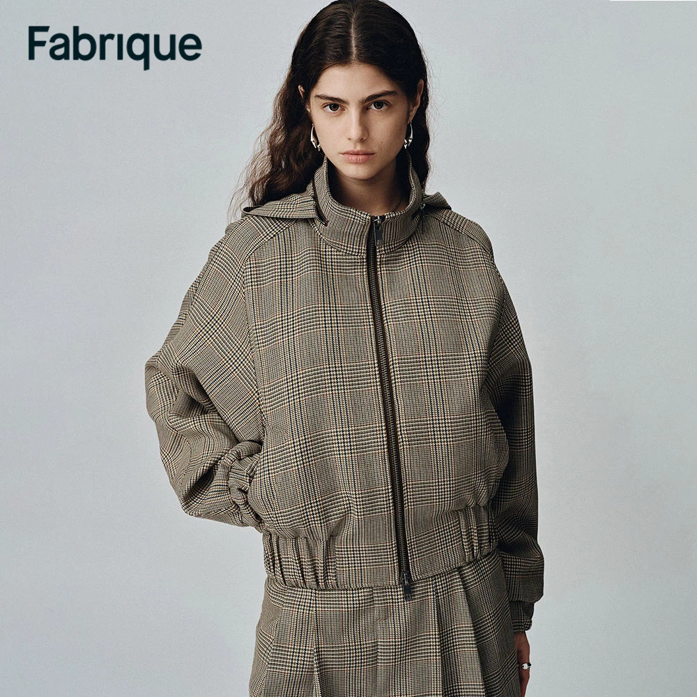 Fabrique Javia 早春新款威尔士格纹精纺绵羊毛宽松连帽立领夹克