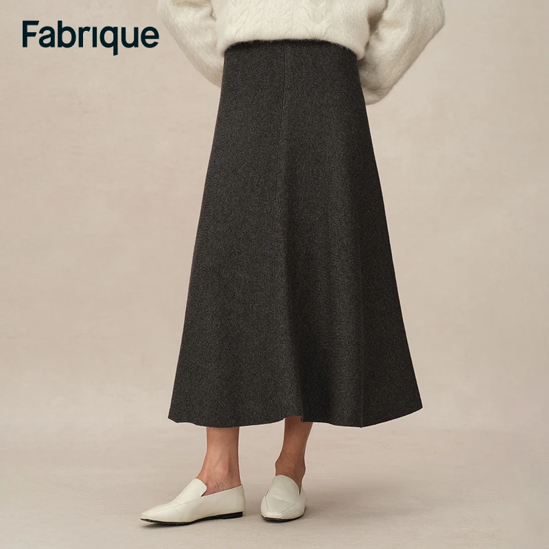 FabriqueZephyra 秋冬锡器灰美利奴绵羊毛A字伞摆针织半裙