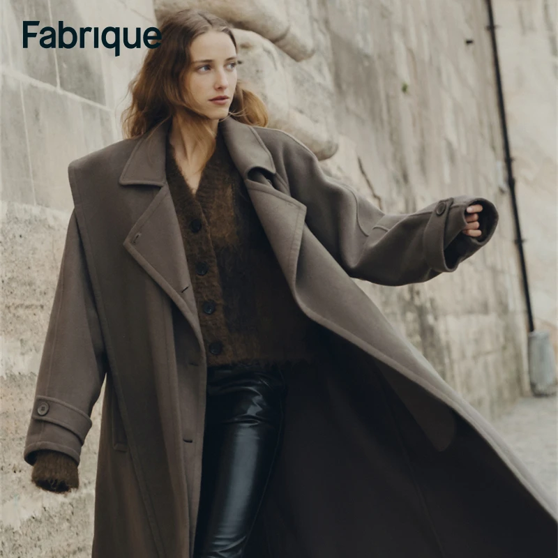 【六一同款】Fabrique冬乌木棕桑蚕丝绵羊毛配围巾腰带叠襟长款大衣