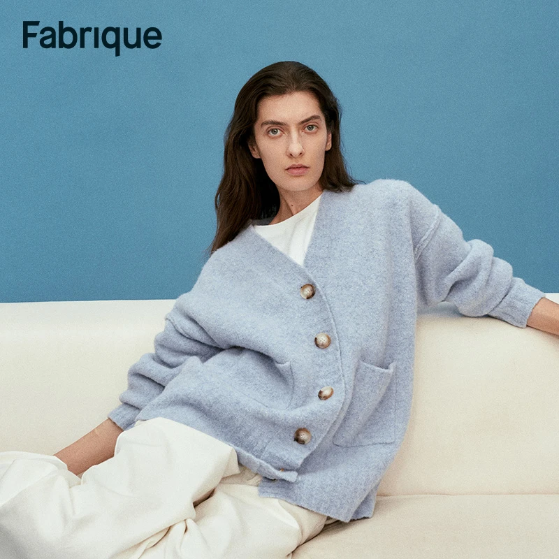 Fabrique Hiroko 海盐蓝色绵羊毛圈圈纱大廓形V领单排扣针织开衫
