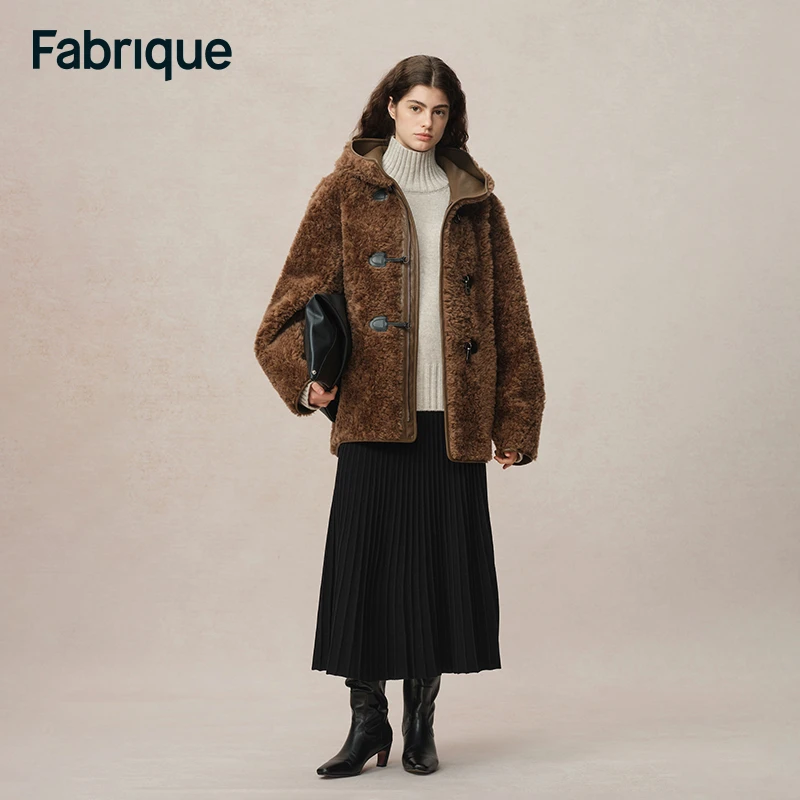 Fabrique【糖炒栗子】秋冬新款两面穿保暖时尚休闲羊羔毛连帽大衣女
