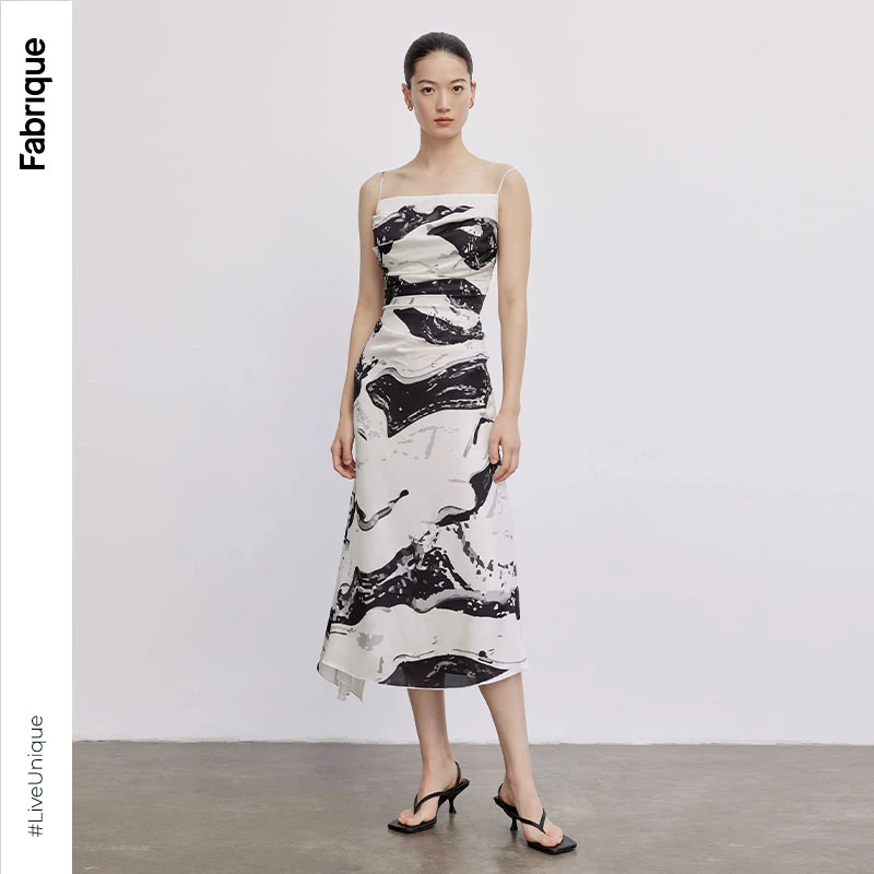 Fabrique水墨印花褶皱方领吊带连衣裙新中式长裙小个子显瘦长裙女