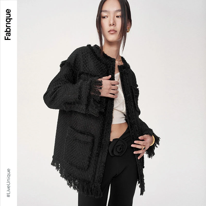 Fabrique流苏边饰羊毛混纺花呢夹克小香风上衣黑色短外套