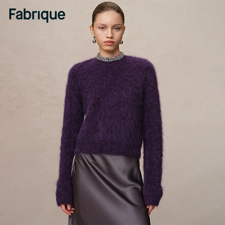 Fabrique Violet 秋冬新款藤萝紫羊驼毛镶钻小圆领设计感针织毛衣