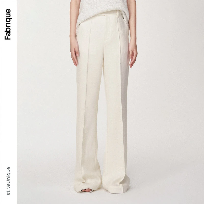 Fabrique秋冬新款时尚羊毛直筒长裤白色高腰百搭气质垂感休闲裤