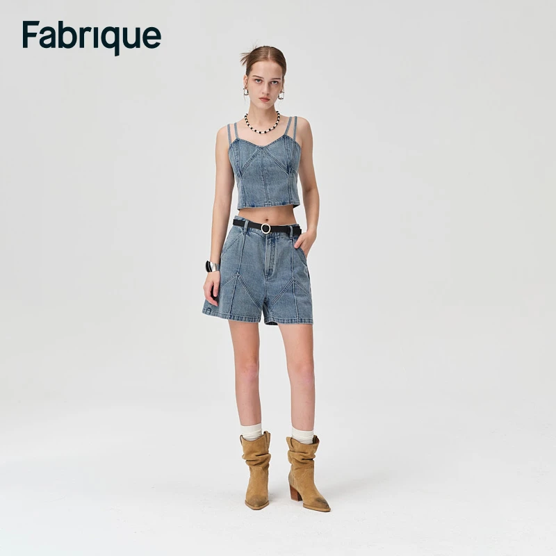 【姚晨同款】Fabrique几何拼缝水洗牛仔短裤夏季新款复古牛仔裤短款