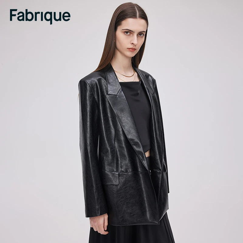 Fabrique Drake 秋冬新款油蜡环保皮十字分割精裁戗驳领西装外套