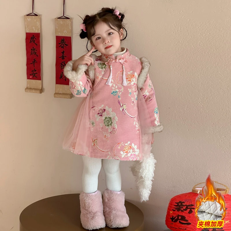 女小童拜年服唐装冬季女宝宝过年旗袍裙冬装小女孩国风汉服网纱裙