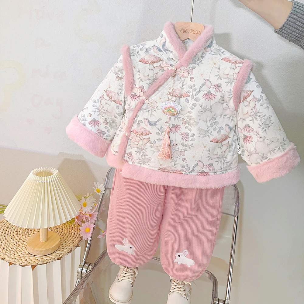 女童汉服过年拜年服秋冬季儿童中国风唐装加厚套装女宝宝周岁礼服