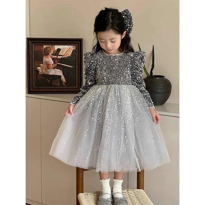 秋冬重工女童闪闪重工亮片公主裙连衣裙生日礼服表演蓬蓬裙粉纱裙