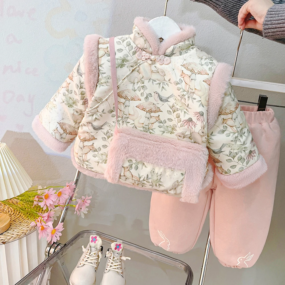 女童套装冬装洋气儿童衣服加绒女宝宝周岁礼服过年拜年汉服两件套