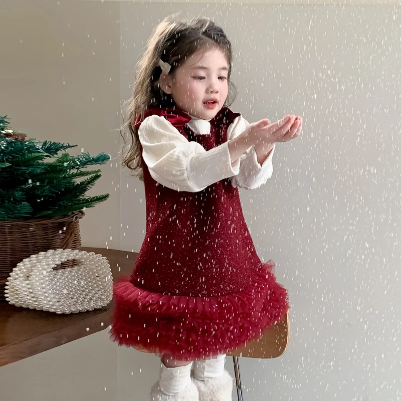 女童连衣裙2024秋冬百搭洋气无袖套装纱裙重工加绒蛋糕裙生日礼服