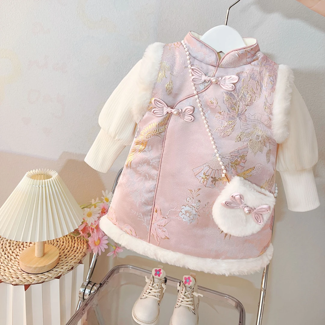 女小童中国风连衣裙冬装加绒儿童公主裙周岁宝宝礼服抓周宴冬季