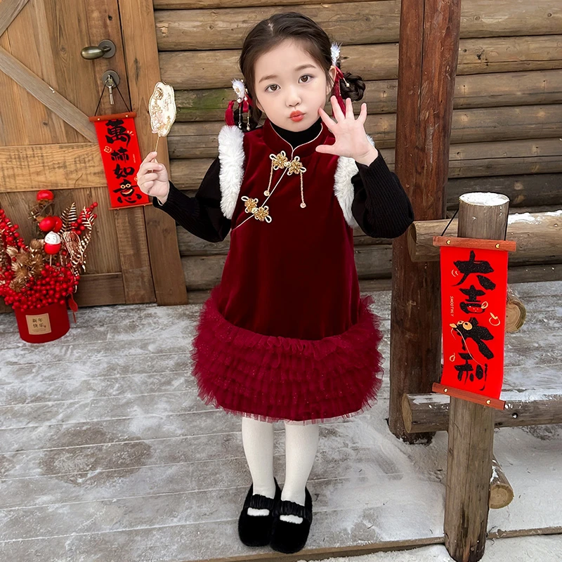 女童加绒套装儿童冬装拜年服2024新款时髦洋气女宝宝连衣裙两件套