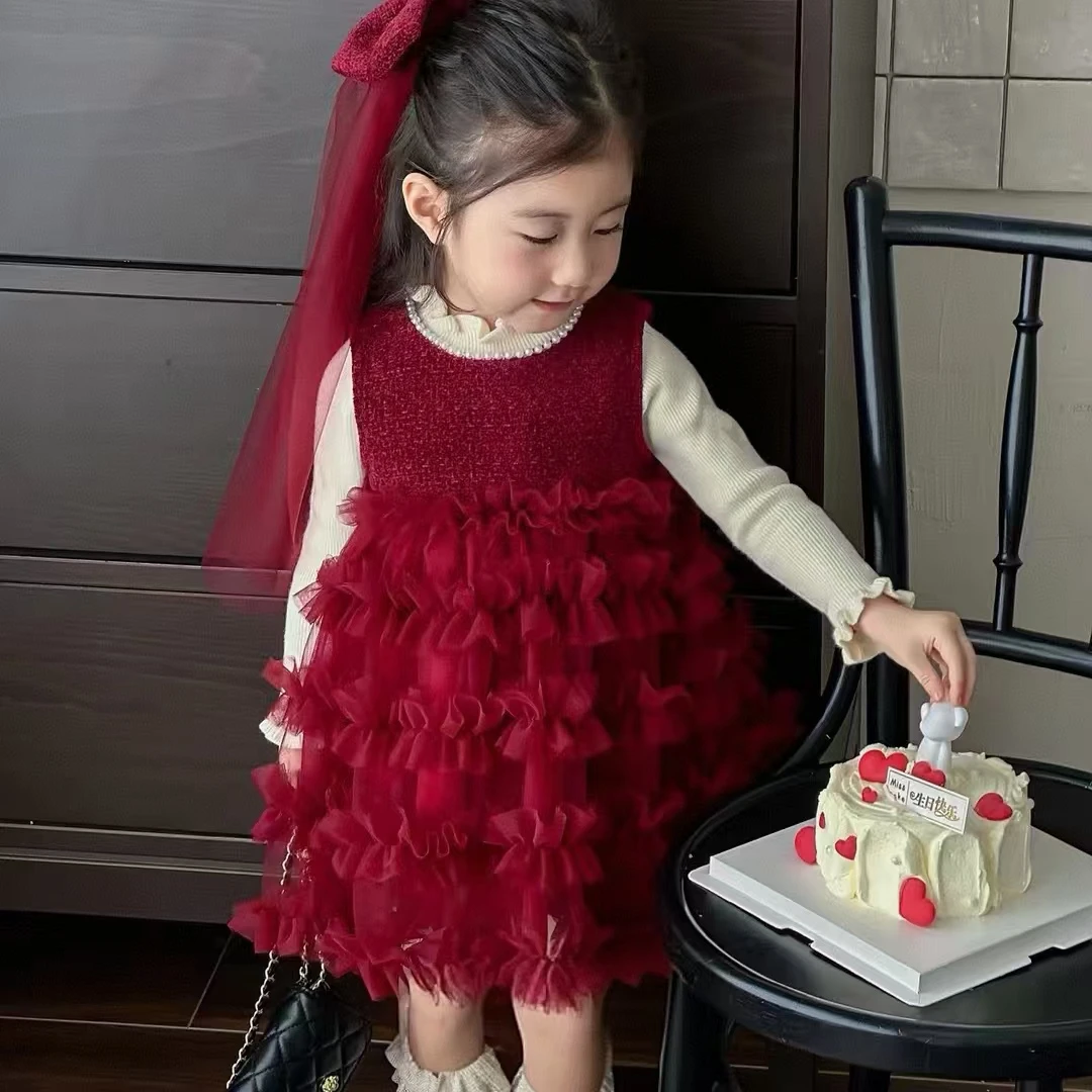 女童连衣裙2025秋冬新款重工tutu蛋糕裙百搭无袖背心裙加绒公主裙