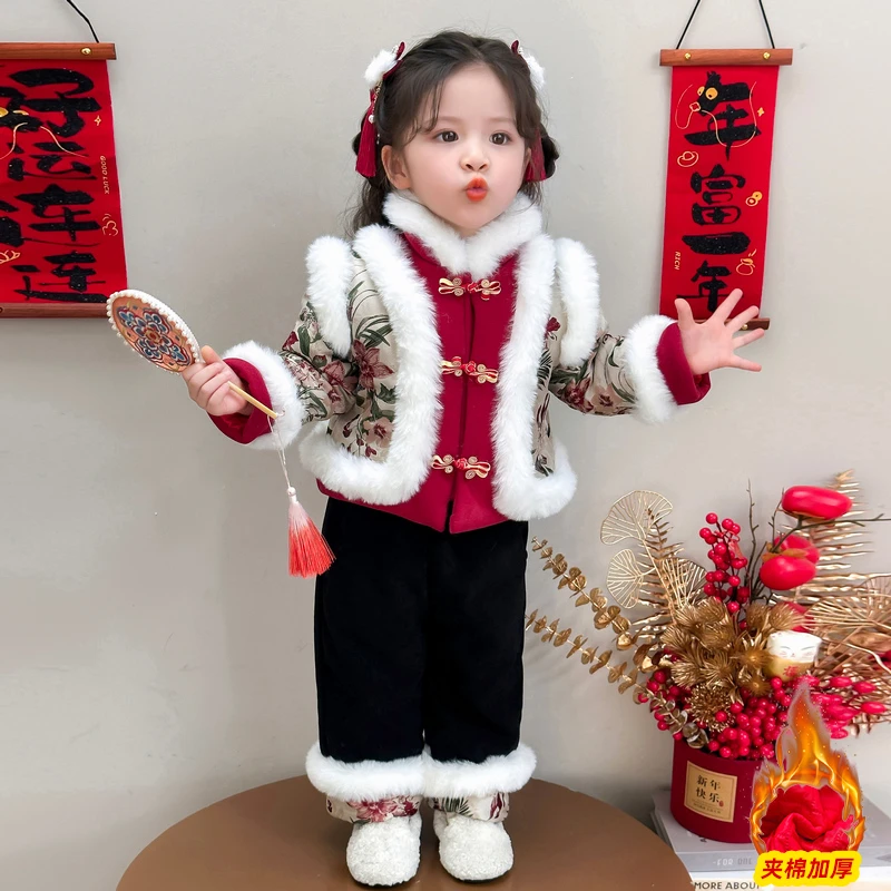 女小童喜庆国风拜年服冬季女宝宝夹棉汉服唐装幼儿园演出服两件套