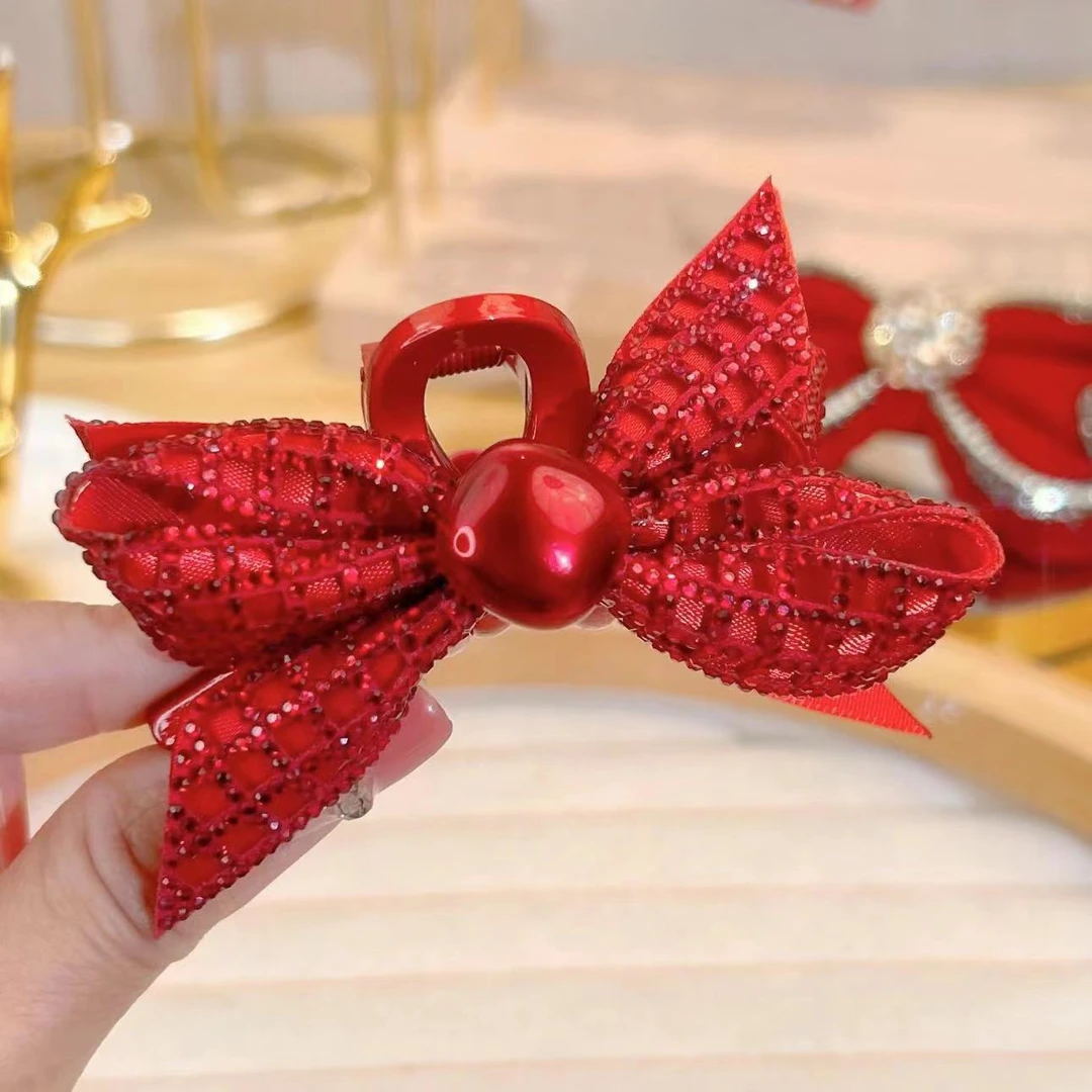 红色新款蝴蝶结抓夹女秋冬高级感新年头饰发夹后脑勺鲨鱼夹发饰