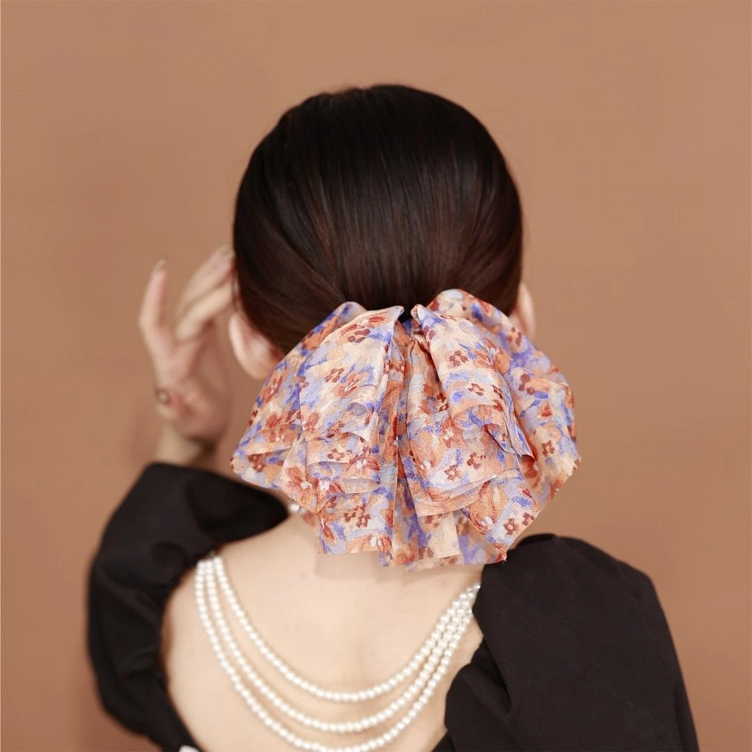 锌合金布艺发饰 韩版雪纺甜美超仙蝴蝶结弹簧夹碎花一字夹女头花